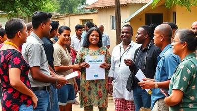 A vibrant community gathering scene with diverse individuals discussing insurance options and sharing resources, showcasing unity and collaboration in a local setting.