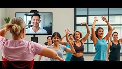 A dynamic image of a virtual fitness coach conducting a workout session via video call with a client, showcasing a diverse group of individuals exercising in different locations with enthusiasm and energy.