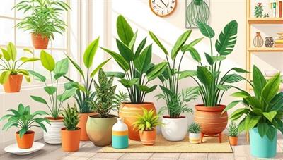 A vibrant digital illustration featuring a cozy indoor plant corner with a variety of lush green plants, stylish planters, gardening tools, and botanical decor elements, set against a backdrop of natural light and plant care essentials, creating a harmonious and inviting green oasis at GreenThumb Virtual.