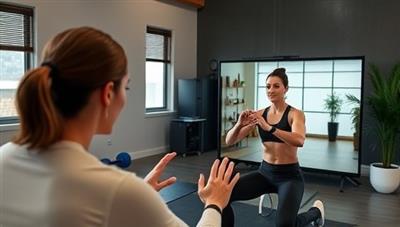 A dynamic and interactive virtual fitness coaching session with a coach guiding a client through exercises via a live video stream, showcasing engagement, motivation, and convenience.