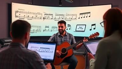 An engaging virtual music lesson environment where a music instructor guides students through instrument techniques, music theory concepts, and performance practice, creating an immersive and interactive learning experience for aspiring musicians to hone their skills and express their creativity.