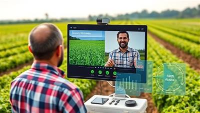 An agricultural consultant providing virtual advice to a farmer via video call, with a farm backdrop and digital tools displaying crop data, showcasing the convenience and effectiveness of remote consultancy services in agriculture.