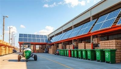 An image of a warehouse facility powered by solar panels, with recycling bins and eco-friendly packaging materials, showcasing the green initiatives and sustainability focus of GreenVault's eco-friendly warehousing services.