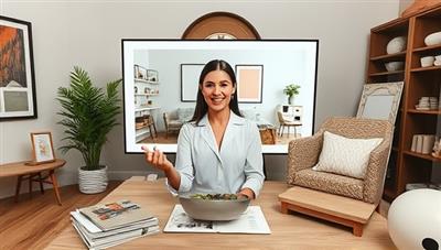 A visually appealing representation of a virtual interior designer presenting design concepts and room decor ideas to clients through video consultations, surrounded by color swatches, fabric samples, and furniture mood boards, evoking creativity, elegance, and personalized design solutions.