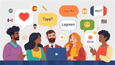 An illustration of diverse individuals engaging in a virtual language exchange session, with speech bubbles in different languages and cultural symbols in the background, promoting inclusivity and mutual learning.