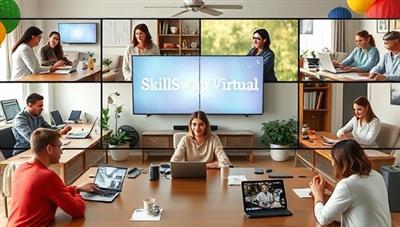 A vibrant and diverse virtual workshop setting featuring participants engaging in a skill-sharing session, with instructors leading interactive demonstrations and discussions, fostering a collaborative and enriching learning environment within the SkillSwap Virtual platform.