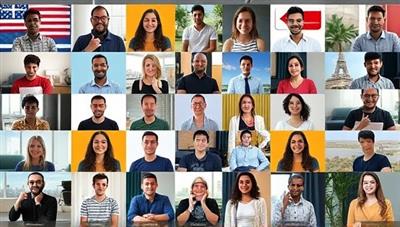 A vibrant digital collage showcasing diverse individuals from around the world engaging in virtual language exchange activities, symbolizing cross-cultural communication and community building within the LingoLink Connect platform.