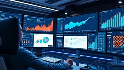 A virtual CFO analyzing financial data on multiple screens in a futuristic digital workspace, surrounded by charts and graphs, conveying expertise and strategic financial planning.