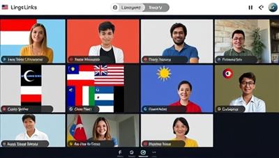 A virtual language exchange session interface with users from different countries engaging in conversations in various languages, showcasing the diversity and inclusivity of LingoLink's online community.