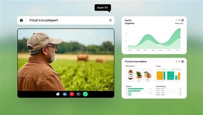 A virtual consultation platform interface showing a farmer interacting with an agricultural expert via video call, with agricultural data analytics and product recommendations displayed on the screen, highlighting the convenience and efficiency of remote agricultural consultations.