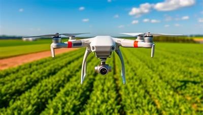 A high-tech drone flying over lush green farmland, capturing detailed images of crops below, symbolizing AeroCrop Insight's advanced crop monitoring services.