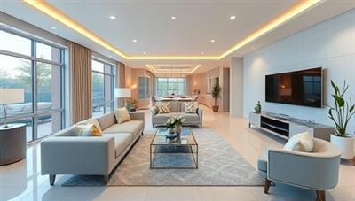 An immersive virtual tour experience of a modern, spacious living room with interactive hotspots for zooming in on details, showcasing the high-quality visuals and user-friendly navigation of the TourVista platform.