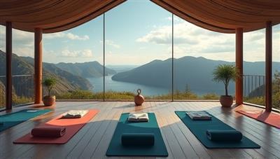 An immersive virtual retreat setting with serene natural landscapes, virtual yoga mats, and fitness equipment, inviting participants to escape into a world of wellness and self-care during a FitZen Escapes virtual retreat experience.