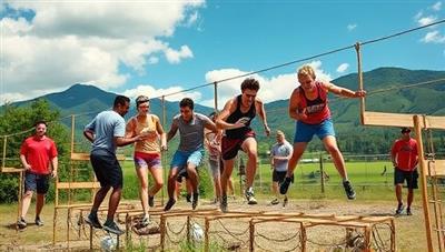 An exhilarating image of participants conquering a challenging obstacle course in a scenic outdoor setting, showcasing teamwork, determination, and physical fitness, capturing the essence of adventure fitness challenges and personal achievement.