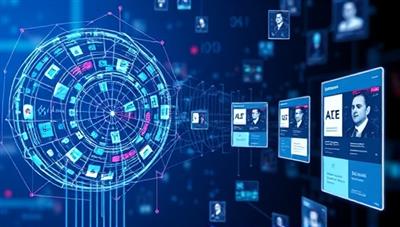 An abstract representation of AI algorithms analyzing data streams and generating personalized ad content, with digital screens displaying dynamic ad variations and consumer profiles, illustrating the AI-driven customization process in action.