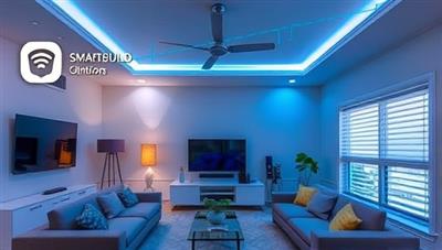 An elegant living room setting with smart home devices like voice-controlled lighting, automated blinds, and a climate control system, showcasing the convenience and modernity of SmartBuild Solutions' automation installations.