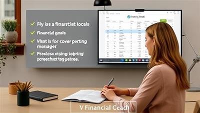 A virtual meeting setup with a financial coach on a video call with a client, discussing financial goals and reviewing a budget spreadsheet together, conveying professionalism and personalized guidance.