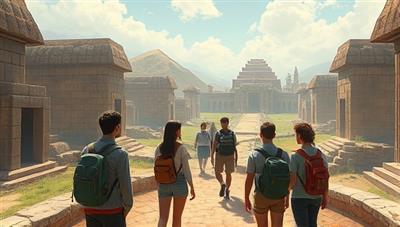 An immersive digital illustration of a group of students exploring a virtual ancient civilization, guided by a digital avatar through ruins, artifacts, and historical landmarks, creating an interactive and educational journey through time and culture.