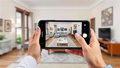 An image of a user using the ARchitect Design app to virtually place furniture and decor items in a living room, with the AR interface superimposed over the real environment, demonstrating the app's immersive and practical home design features.