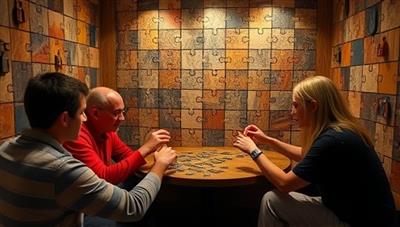 A group of participants solving a complex puzzle in an immersive escape room setting, with clues, locks, and interactive elements, showcasing the engaging and challenging nature of MindMaze Retreats' personal development workshops.