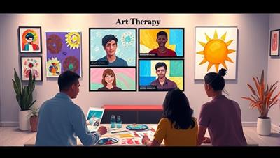 An artistic representation of a virtual art therapy session, showing participants engaging in expressive art activities through video call, with colorful artworks and calming visuals in the background, creating a soothing and healing atmosphere.