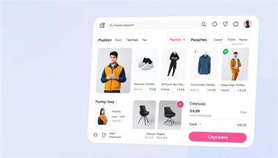 An AI-powered virtual shopping assistant displaying a sleek and user-friendly interface with personalized product recommendations, trending items, and a seamless checkout process, illustrating convenience and personalized shopping experiences.