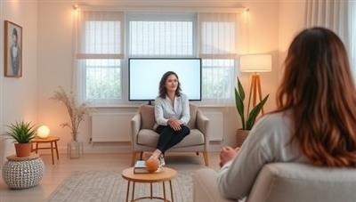 A serene virtual therapy room setting featuring a therapist providing online counseling to a client, with calming visuals, soft lighting, and comforting decor elements to create a safe and supportive space for mental health discussions and emotional healing in a virtual environment.