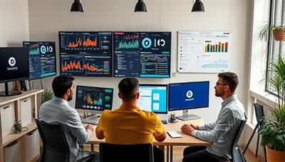 A virtual office setup with team members collaborating on digital marketing strategies, analyzing data on multiple screens, and brainstorming creative campaign ideas, conveying professionalism and expertise in remote digital marketing services.