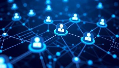 An innovative graphic depicting a digital blockchain network with secure nodes verifying identities in real-time, illustrating trust and security in insurance claims processing.