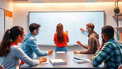 An immersive virtual study room environment with avatars of students from different backgrounds collaborating on a digital whiteboard, exchanging notes, and discussing academic topics, creating a virtual classroom ambiance.