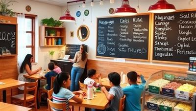 An inviting cafe setting with colorful language-themed decor, kids participating in language activities with native speakers, a blackboard displaying phrases in different languages, and a display of international snacks, creating a vibrant and educational atmosphere.