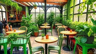 An inviting cafe setting with lush greenery surrounding tables where customers enjoy fresh meals made with ingredients picked from the indoor garden, creating a serene and sustainable dining experience.