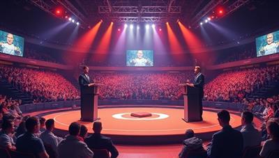 An imaginative digital arena setting with virtual writing podiums, AI judges, and cheering crowds of virtual avatars, creating a dynamic and competitive atmosphere for writers to showcase their skills and creativity, symbolizing the fusion of technology and storytelling prowess.