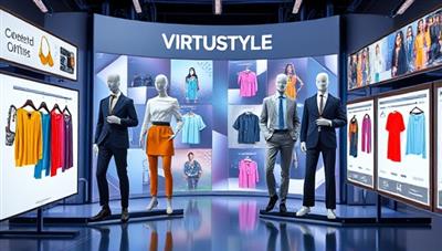 A virtual avatar showcasing various stylish outfits generated by AI algorithms, surrounded by fashion accessories and digital screens displaying trending fashion items, illustrating the futuristic and personalized nature of VirtuStyle.