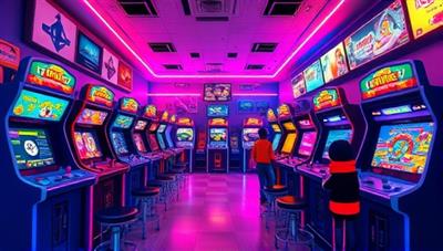 A vibrant virtual arcade setting with colorful neon lights, rows of arcade machines, and animated characters engaging in gameplay, capturing the nostalgia and excitement of the PixelPlay virtual gaming arcade.
