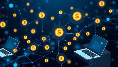 An innovative visual representation of blockchain-powered invoice financing, with digital tokens flowing between SMEs and investors on the ChainFund Invoice platform, smart contracts automating the funding process, and a seamless and secure online interface facilitating transparent transactions, symbolizing efficiency and financial empowerment.