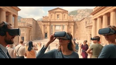 An intriguing visual of users wearing VR headsets and exploring a virtual historical site, surrounded by digital recreations of ancient architecture, artifacts, and characters, immersing them in a vivid historical experience.