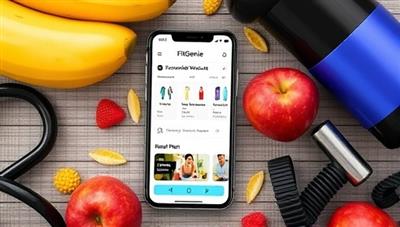 A smartphone displaying the FitGenie app interface, with personalized workout suggestions and a healthy meal plan, surrounded by fitness equipment and fresh fruits, illustrating a holistic approach to health and fitness.