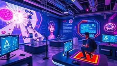 An engaging digital landscape showcasing virtual science labs, robotic kits, and interactive simulations, creating a futuristic and immersive STEM learning environment for young participants.