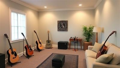A tranquil therapy room with soft lighting, comfortable seating, and musical instruments, creating a serene and inviting space for music therapy sessions focused on relaxation, healing, and emotional balance.