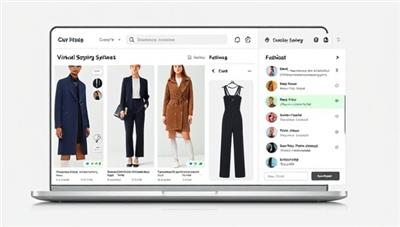 An artistic representation of a virtual shopping assistant in a sleek interface, displaying fashion items, personalized recommendations, and a chatbot feature for instant styling advice, capturing the essence of effortless and personalized virtual shopping.