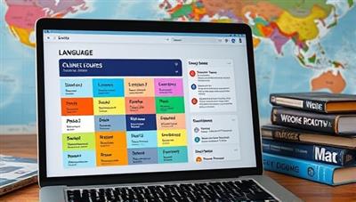 An online language course interface featuring colorful language lessons, interactive quizzes, and cultural insights, displayed on a laptop screen with a world map and language textbooks in the background, creating an immersive and educational atmosphere.