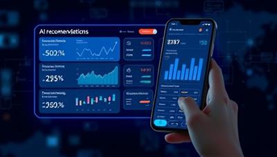 A futuristic and sleek AI assistant interface displaying financial recommendations and charts, with a user interacting with the AI assistant on a smartphone, symbolizing efficiency and modern financial planning.