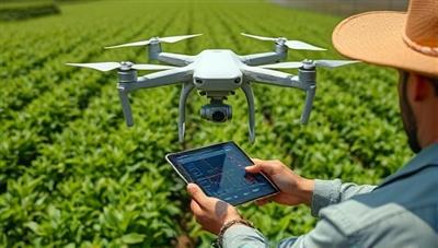 A drone flying over lush green fields, capturing high-resolution images of crops below, with a farmer analyzing data on a tablet, showcasing the technology-driven approach to modern agriculture and crop monitoring.