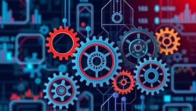 An abstract digital artwork showing interconnected gears and algorithms constructing a diverse investment portfolio, symbolizing precision and automation in wealth-building, conveying the idea of smart and efficient investment strategies.