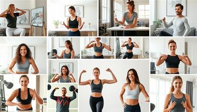 A dynamic collage of virtual fitness trainers engaging with clients through video calls, demonstrating exercises, and providing encouragement, symbolizing convenience and personalized fitness support.