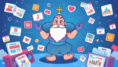 An illustration of a digital genie character emerging from a social media platform, surrounded by various ad formats and marketing icons, symbolizing the magical creativity and efficiency of AI-powered ad creation.