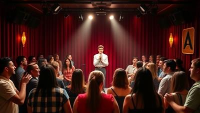 A virtual comedy club setting with a stage, spotlight, and diverse audience avatars laughing and enjoying a stand-up comedy performance, capturing the lively and interactive atmosphere of a real comedy club experience in a digital format.