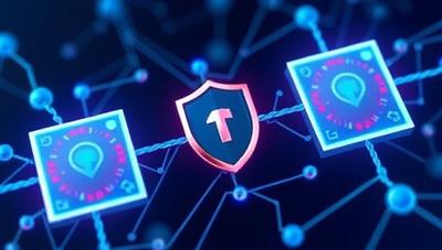 An abstract representation of interconnected blockchain blocks securing digital ads and verifying their authenticity, with a shield symbolizing protection and trust, highlighting the secure and transparent nature of TrustAd's ad verification platform.