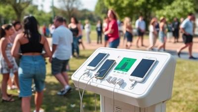 An outdoor setting showcasing a solar-powered mobile charging station with multiple device charging ports, surrounded by people enjoying a park or event, underlining the convenience and eco-friendliness of the sustainable charging solution.